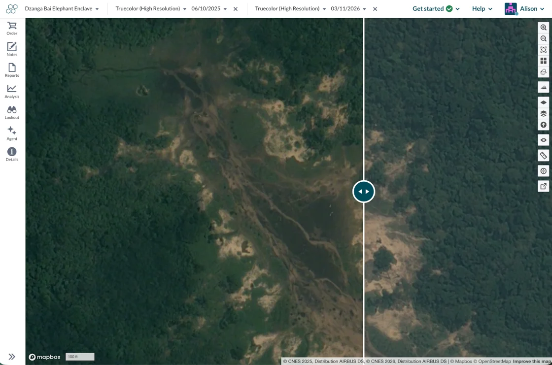 Satellite imagery of the Dzanga Bai elephant clearing in the Central African Republic
