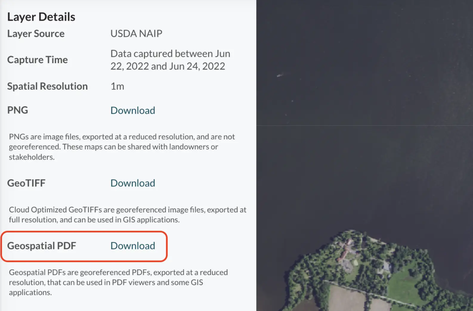 Lens details pane showing the Georeferenced PDF export option.