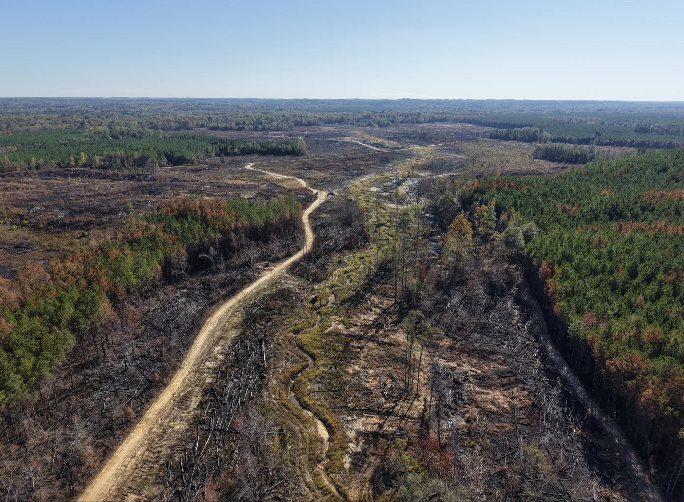 Aerial view of an active stream restoration site.
